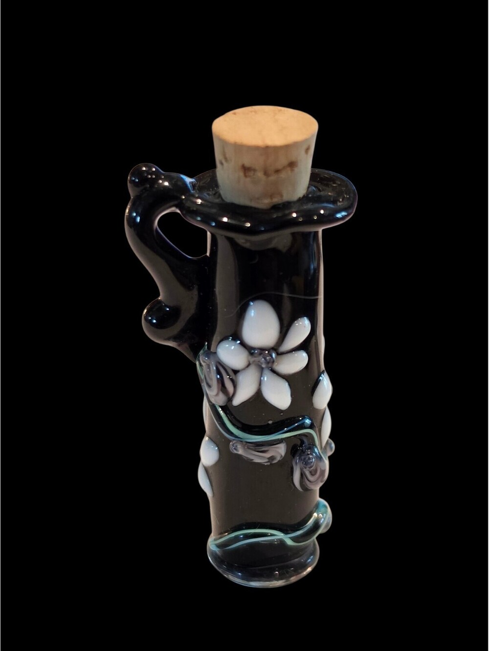 Artisan Lampwork Glass Miniature Perfume Bottle 3D Floral Potion Vial Handle